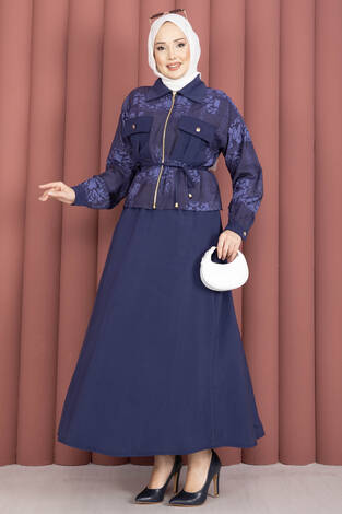 Fermuarlı Crop Ceketli Etekli Takım Lacivert - Thumbnail