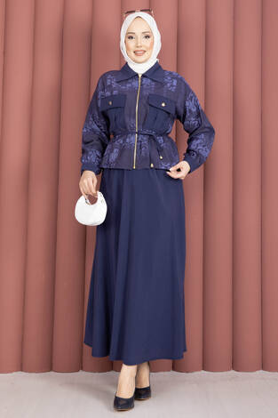 Fermuarlı Crop Ceketli Etekli Takım Lacivert - Thumbnail