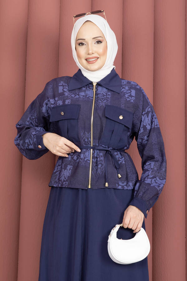 NS - Fermuarlı Crop Ceketli Etekli Takım Lacivert (1)