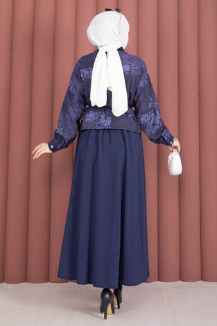 Fermuarlı Crop Ceketli Etekli Takım Lacivert - Thumbnail