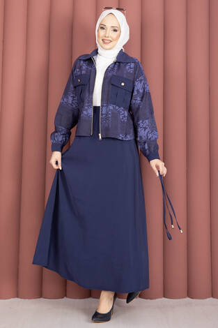 Fermuarlı Crop Ceketli Etekli Takım Lacivert - Thumbnail