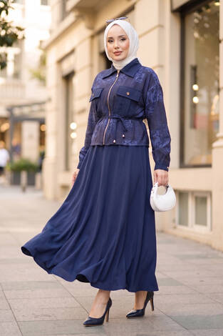 Fermuarlı Crop Ceketli Etekli Takım Lacivert