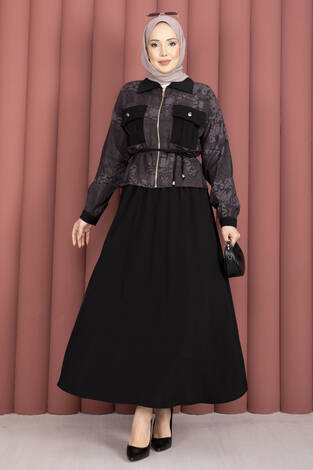 Fermuarlı Crop Ceketli Etekli Takım Mürdüm - Thumbnail