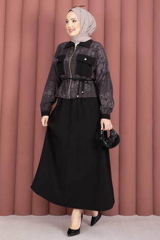 Fermuarlı Crop Ceketli Etekli Takım Mürdüm - Thumbnail