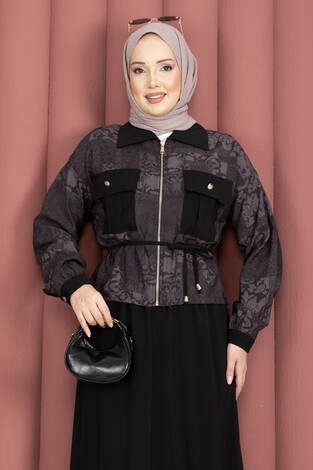 Fermuarlı Crop Ceketli Etekli Takım Mürdüm - Thumbnail