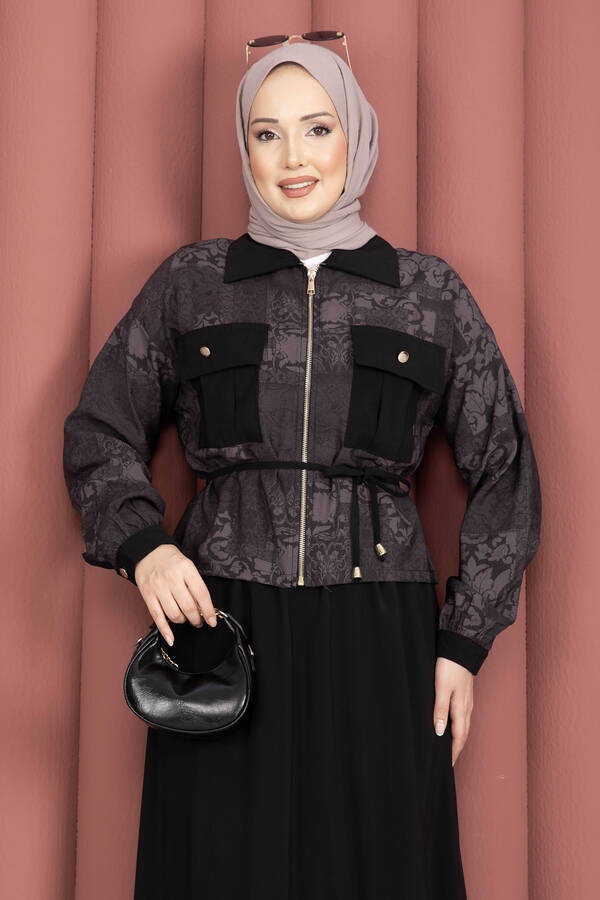 NS - Fermuarlı Crop Ceketli Etekli Takım Mürdüm (1)