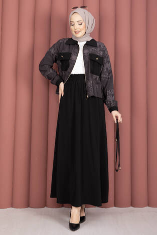 Fermuarlı Crop Ceketli Etekli Takım Mürdüm - Thumbnail