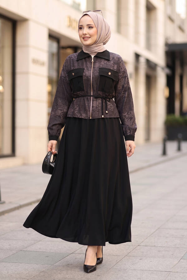 NS - Fermuarlı Crop Ceketli Etekli Takım Mürdüm