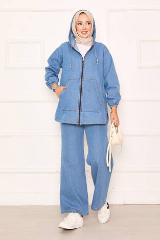 Fermuarlı Kanguru Cep Detaylı Kapüşonlu Kot Takım Mavi - Thumbnail