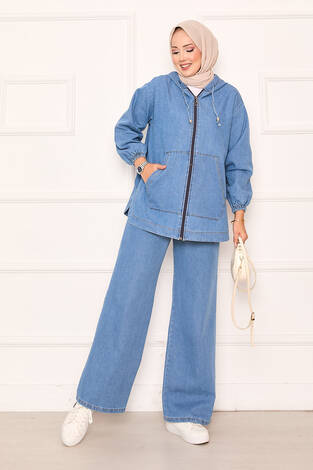 Fermuarlı Kanguru Cep Detaylı Kapüşonlu Kot Takım Mavi - Thumbnail