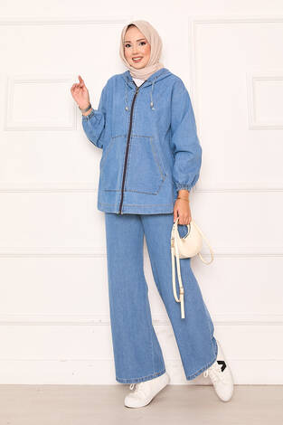 Fermuarlı Kanguru Cep Detaylı Kapüşonlu Kot Takım Mavi - Thumbnail