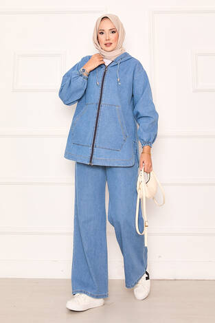 Fermuarlı Kanguru Cep Detaylı Kapüşonlu Kot Takım Mavi - Thumbnail