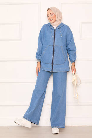 Fermuarlı Kanguru Cep Detaylı Kapüşonlu Kot Takım Mavi - Thumbnail