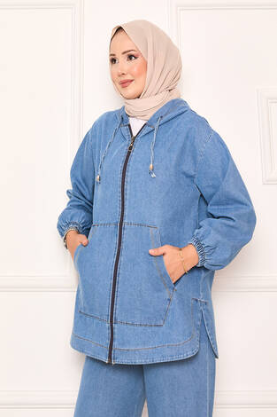 Fermuarlı Kanguru Cep Detaylı Kapüşonlu Kot Takım Mavi - Thumbnail