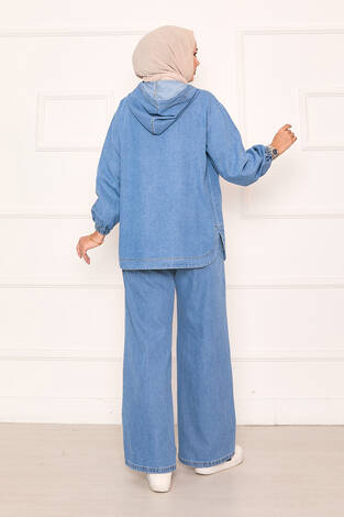 Fermuarlı Kanguru Cep Detaylı Kapüşonlu Kot Takım Mavi - Thumbnail
