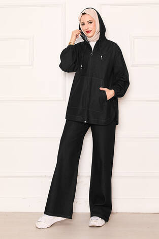 Fermuarlı Kanguru Cep Detaylı Kapüşonlu Kot Takım Siyah - Thumbnail