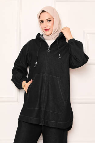 Fermuarlı Kanguru Cep Detaylı Kapüşonlu Kot Takım Siyah - Thumbnail