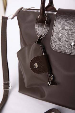 Fermuarlı Kapaklı El & Omuz Çantası Kahve - Thumbnail