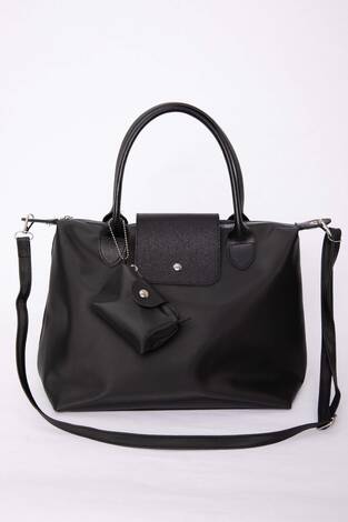 Fermuarlı Kapaklı El & Omuz Çantası Siyah - Thumbnail