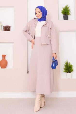 Fermuarlı Kapüşonlu Crop Etek Tesettür Takım Bej - Thumbnail