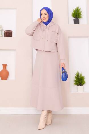 Fermuarlı Kapüşonlu Crop Etek Tesettür Takım Bej - Thumbnail