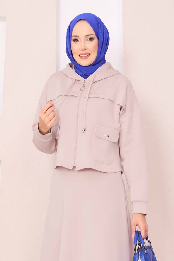 Fermuarlı Kapüşonlu Crop Etek Tesettür Takım Bej - 7