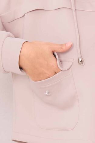 Fermuarlı Kapüşonlu Crop Etek Tesettür Takım Bej - Thumbnail