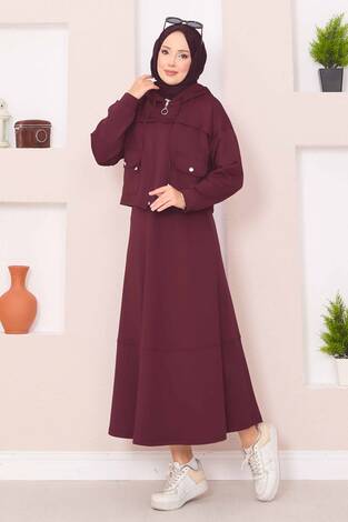 Fermuarlı Kapüşonlu Crop Etek Tesettür Takım Bordo - Thumbnail