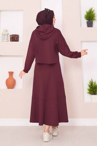 Fermuarlı Kapüşonlu Crop Etek Tesettür Takım Bordo - Thumbnail