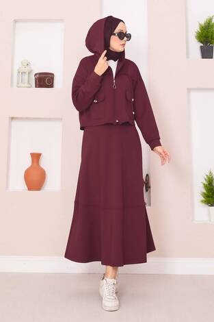 Fermuarlı Kapüşonlu Crop Etek Tesettür Takım Bordo