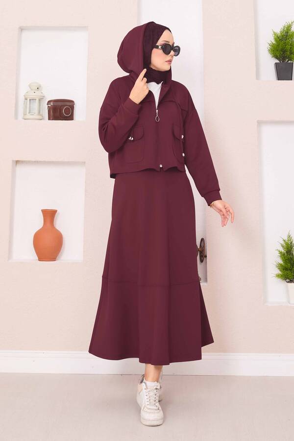 MD - Fermuarlı Kapüşonlu Crop Etek Tesettür Takım Bordo