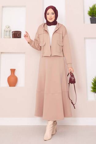 Fermuarlı Kapüşonlu Crop Etek Tesettür Takım Camel - Thumbnail