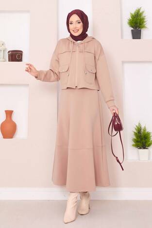 Fermuarlı Kapüşonlu Crop Etek Tesettür Takım Camel - Thumbnail