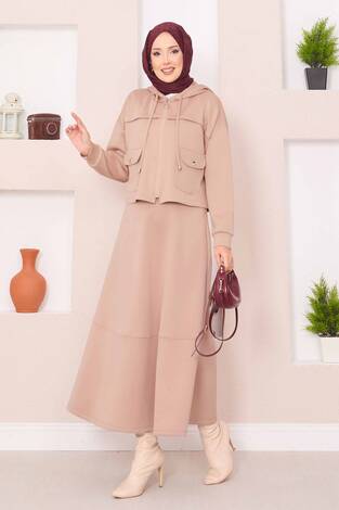 Fermuarlı Kapüşonlu Crop Etek Tesettür Takım Camel - Thumbnail