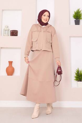 Fermuarlı Kapüşonlu Crop Etek Tesettür Takım Camel