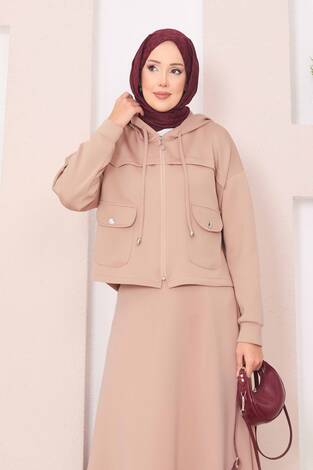 Fermuarlı Kapüşonlu Crop Etek Tesettür Takım Camel - Thumbnail