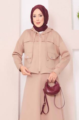 Fermuarlı Kapüşonlu Crop Etek Tesettür Takım Camel - Thumbnail