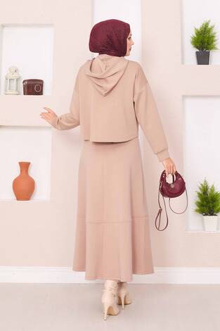 Fermuarlı Kapüşonlu Crop Etek Tesettür Takım Camel - Thumbnail