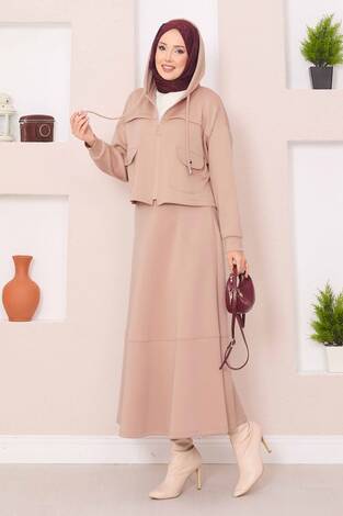 Fermuarlı Kapüşonlu Crop Etek Tesettür Takım Camel - Thumbnail