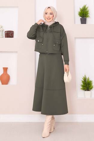 Fermuarlı Kapüşonlu Crop Etek Tesettür Takım Haki - Thumbnail
