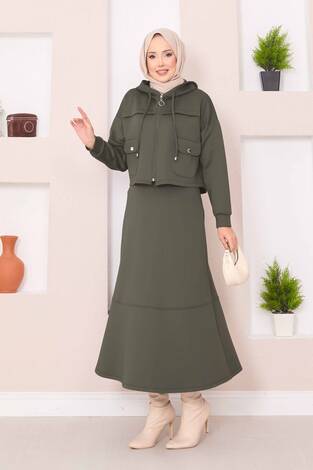 Fermuarlı Kapüşonlu Crop Etek Tesettür Takım Haki - Thumbnail