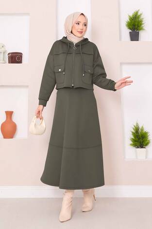 Fermuarlı Kapüşonlu Crop Etek Tesettür Takım Haki
