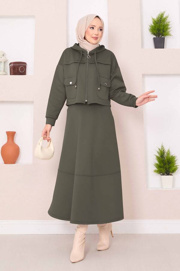 MD - Fermuarlı Kapüşonlu Crop Etek Tesettür Takım Haki
