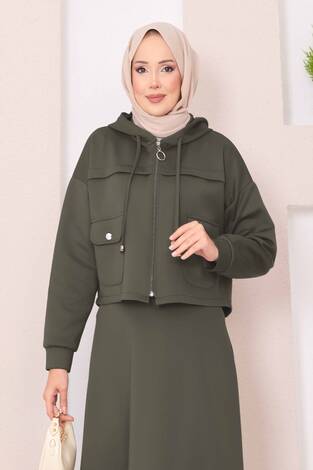 Fermuarlı Kapüşonlu Crop Etek Tesettür Takım Haki - Thumbnail