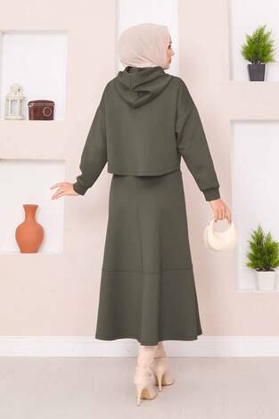 Fermuarlı Kapüşonlu Crop Etek Tesettür Takım Haki - Thumbnail