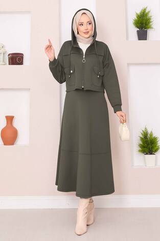 Fermuarlı Kapüşonlu Crop Etek Tesettür Takım Haki - Thumbnail