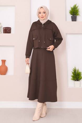Fermuarlı Kapüşonlu Crop Etek Tesettür Takım Kahve - Thumbnail
