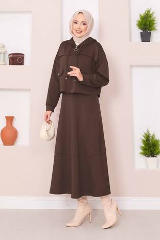 Fermuarlı Kapüşonlu Crop Etek Tesettür Takım Kahve - Thumbnail
