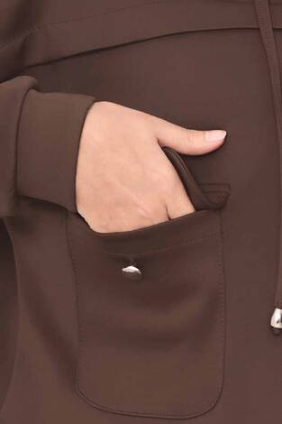 Fermuarlı Kapüşonlu Crop Etek Tesettür Takım Kahve - Thumbnail