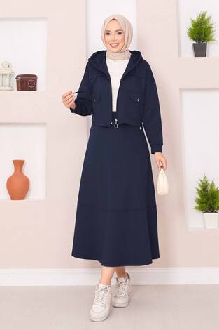 Fermuarlı Kapüşonlu Crop Etek Tesettür Takım Lacivert - Thumbnail